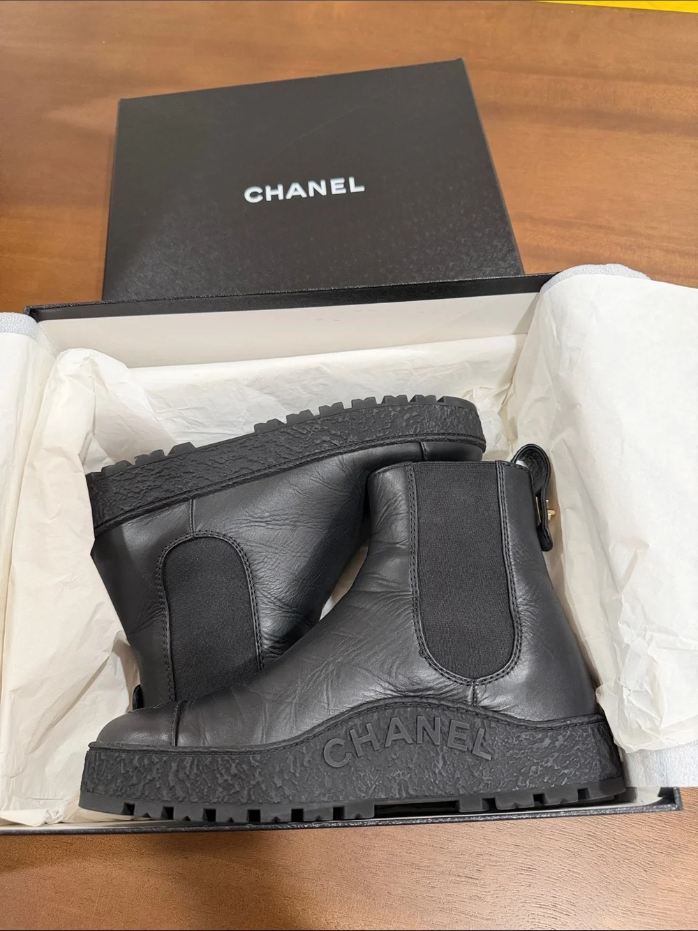 CHANEL Black Leather Platform Chelsea Booties with CC Toe Motif - Picture 9 of 12